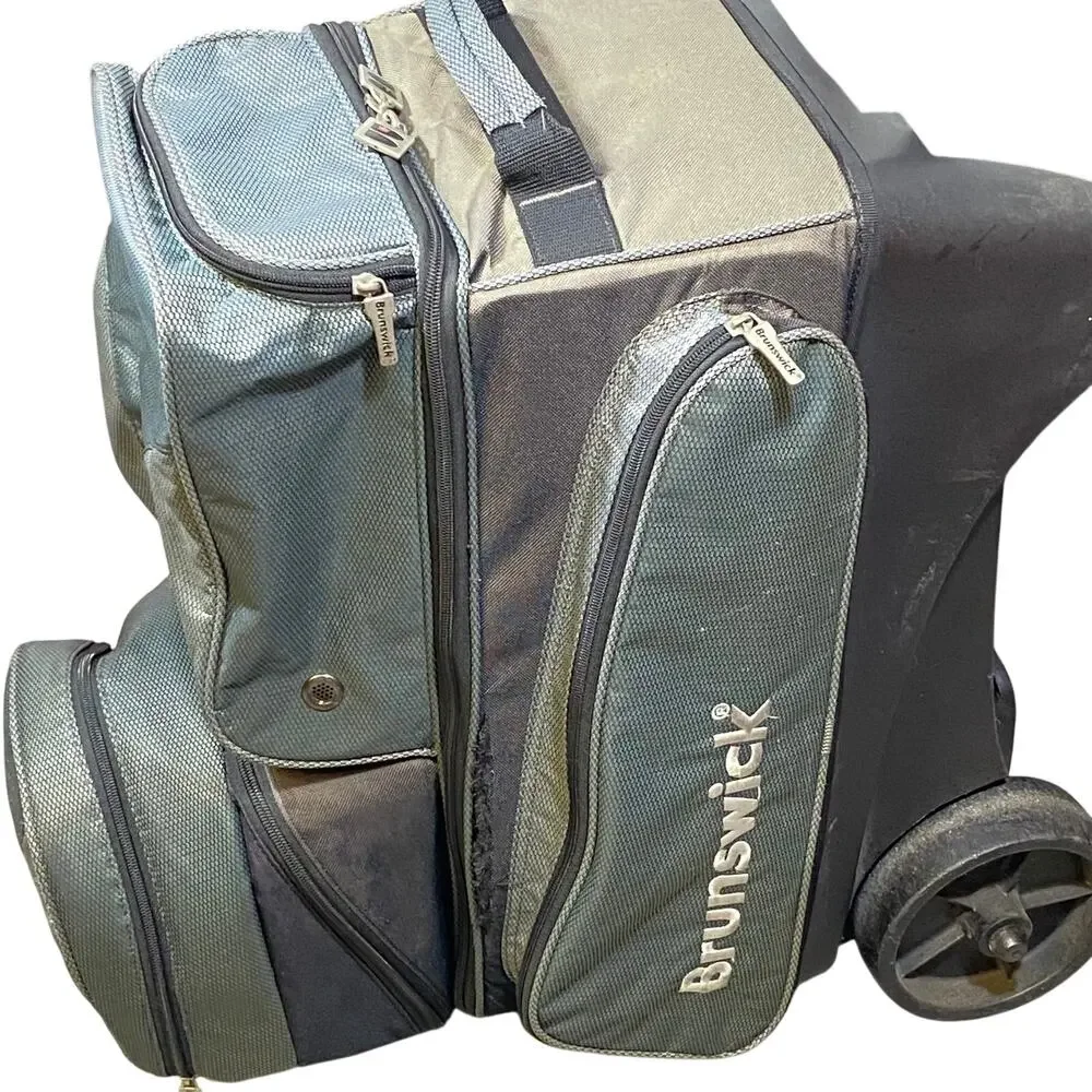 Brunswick Flash X Triple Roller Bowling Bag Grey Green 3 Ball Wheel Pull Handle